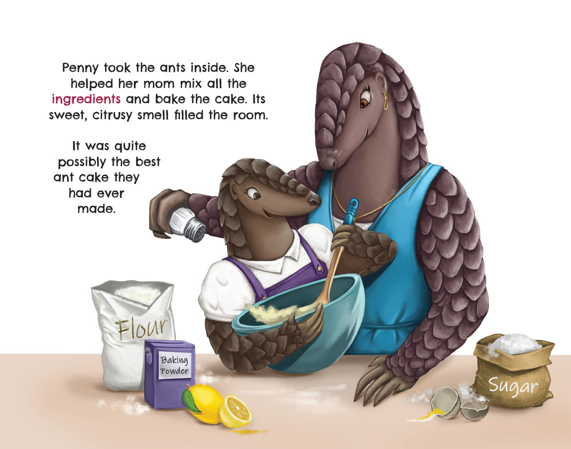 Penny Pangolin and her mom mixing ingredients for a lemon-ant cake