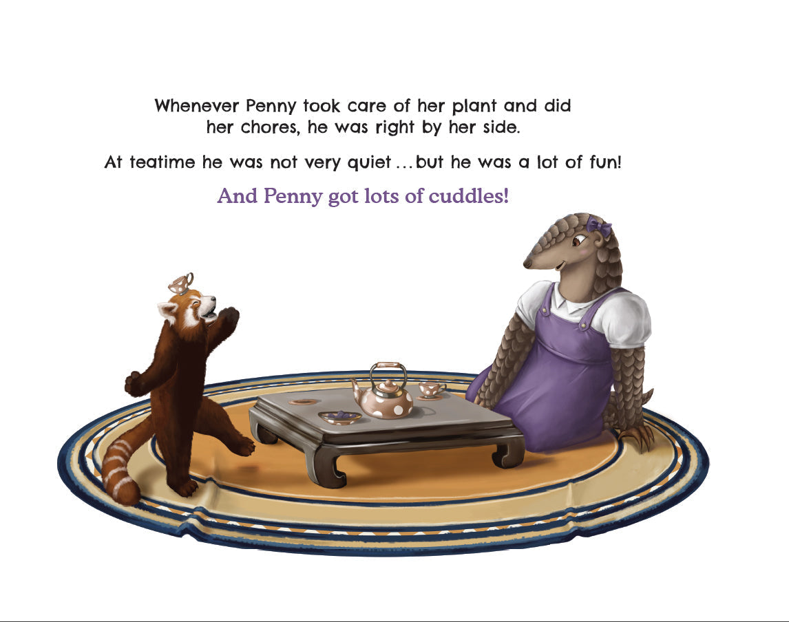 Penny Pangolin and Mooky the red panda enjoying a tea party