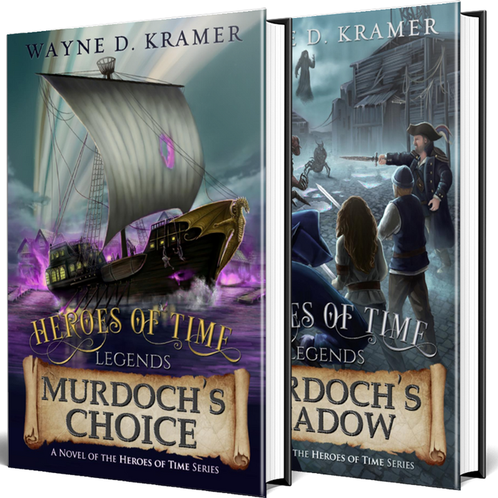 Hardcover displays of Murdoch's Choice and Murdoch's Shadow by author Wayne D. Kramer