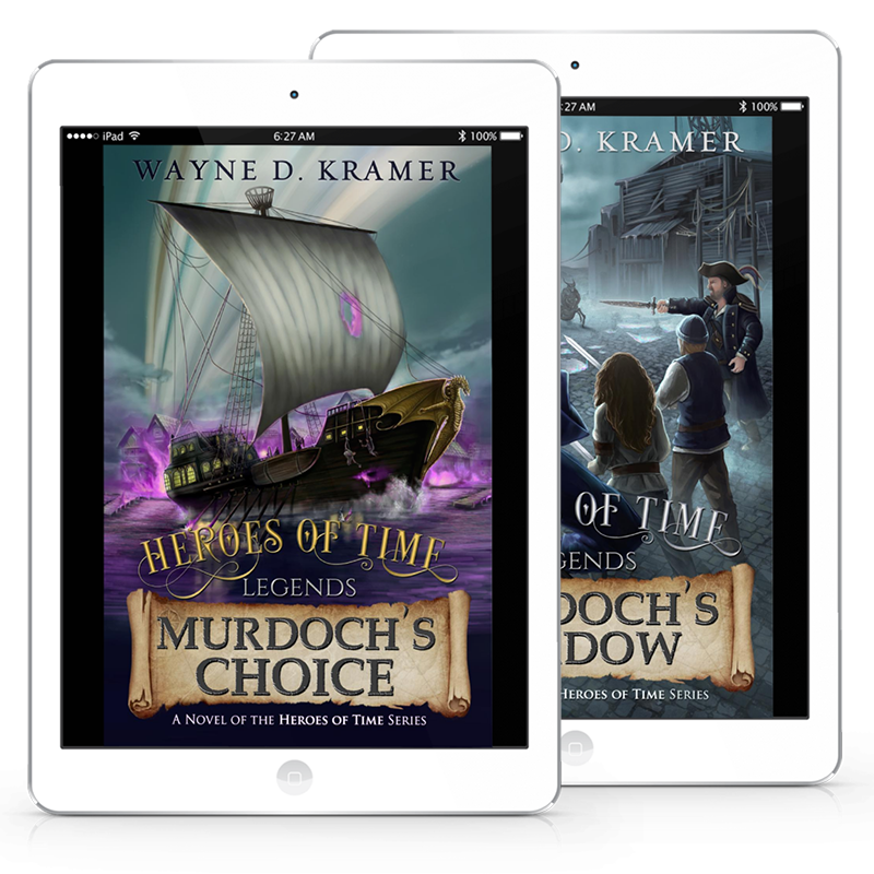 two eReaders displaying Murdoch's Choice and Murdoch's Shadow eBooks by author Wayne D. Kramer