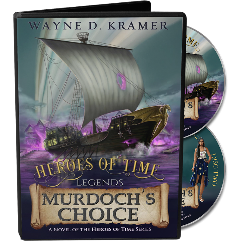 opened amaray case of Murdoch's Choice Audiobook CD Deluxe Set by author Wayne D. Kramer, with two character art discs showing