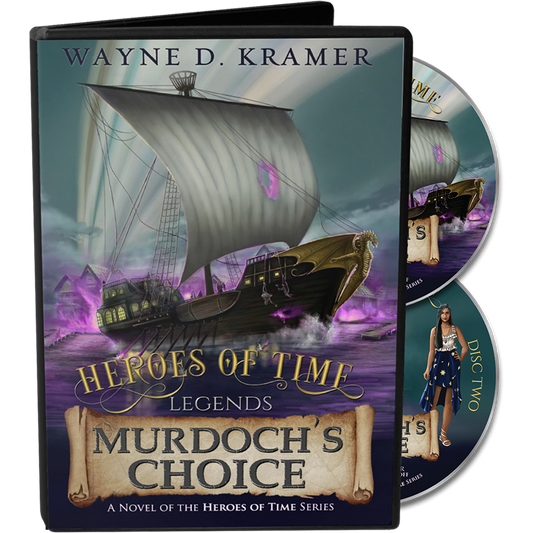 opened amaray case of Murdoch's Choice Audiobook CD Deluxe Set by author Wayne D. Kramer, with two character art discs showing