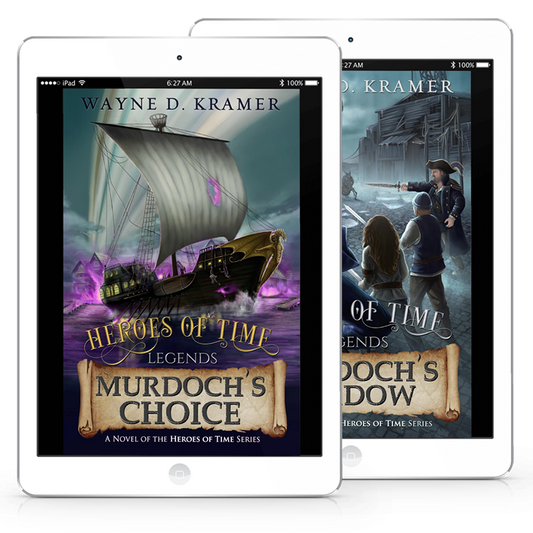 two eReaders showing covers of Murdoch's Choice and Murdoch's Shadow eBooks by author Wayne D. Kramer
