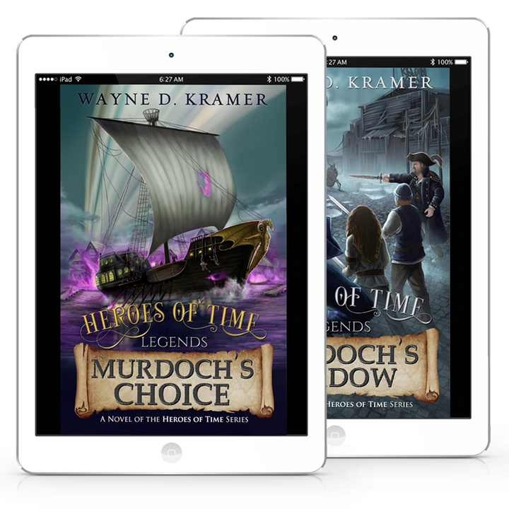 two eReaders showing covers of Murdoch's Choice and Murdoch's Shadow eBooks by author Wayne D. Kramer